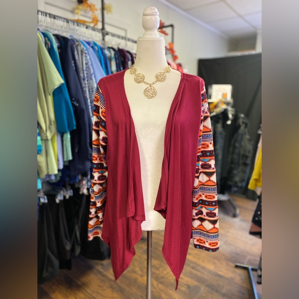 Women's Burgundy Open Front Cardigan with Patterned Sleeves